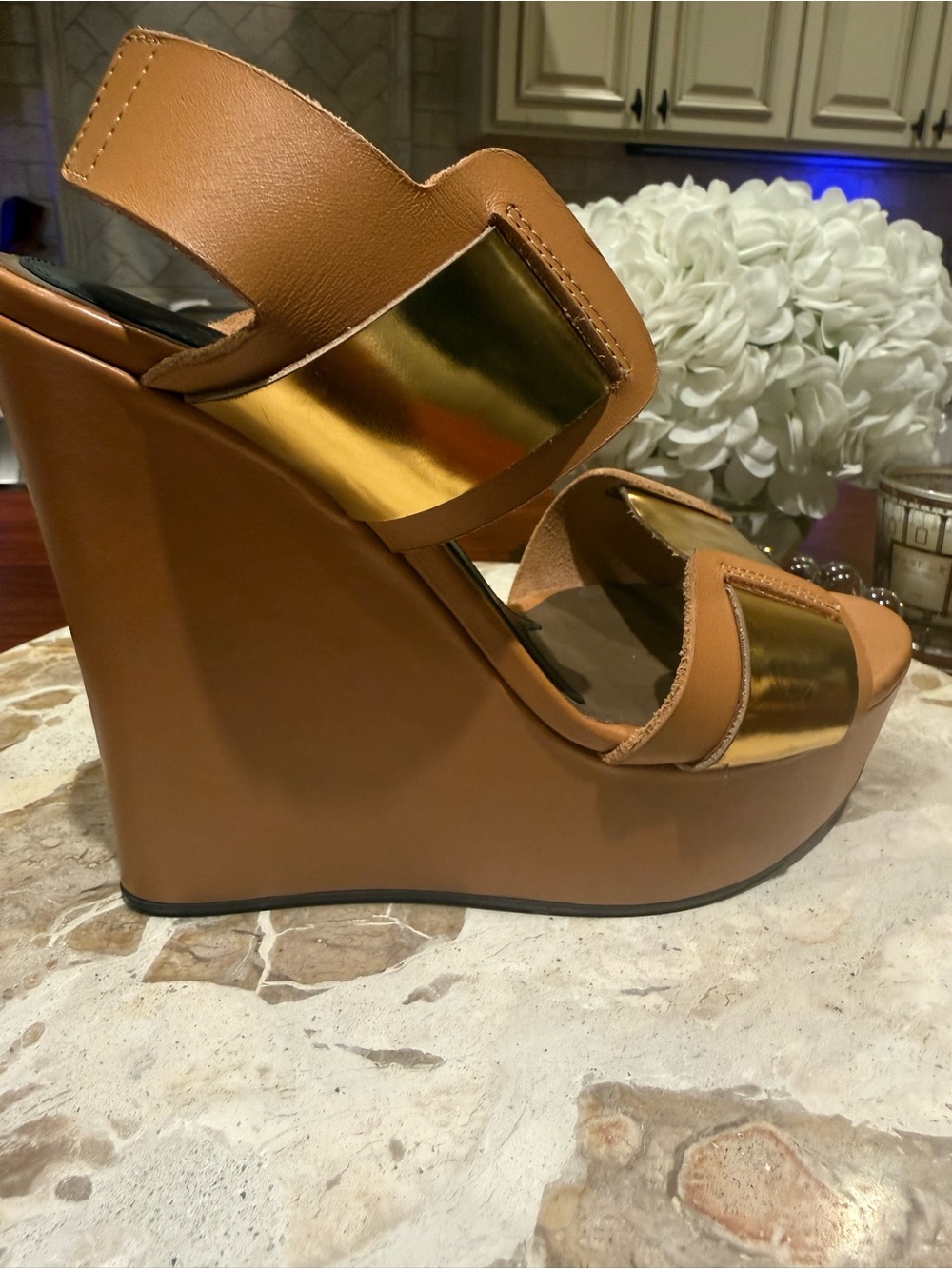 Marni Gold Metallic Platform Wedge Sandals 37 - Picture 3 of 12